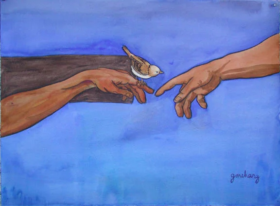 'The Exchange' by Gwen Maharg. Jesus is nailed to the cross. He and his Heavenly Father are reaching for each other. The sparrow represents us. Read more about its meaning here.