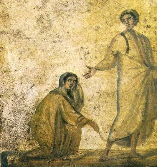 A fresco of Jesus healing the woman withh hemorrhages, from the Catacombs in Rome.