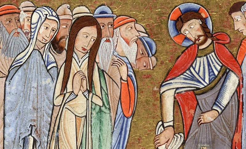 Detail of the raising of Lazarus, Mary and Martha meet Jesus. From the Hunterian Psalter, a twelfth century illuminated manuscript, thought to have been produced in England c. 1170.