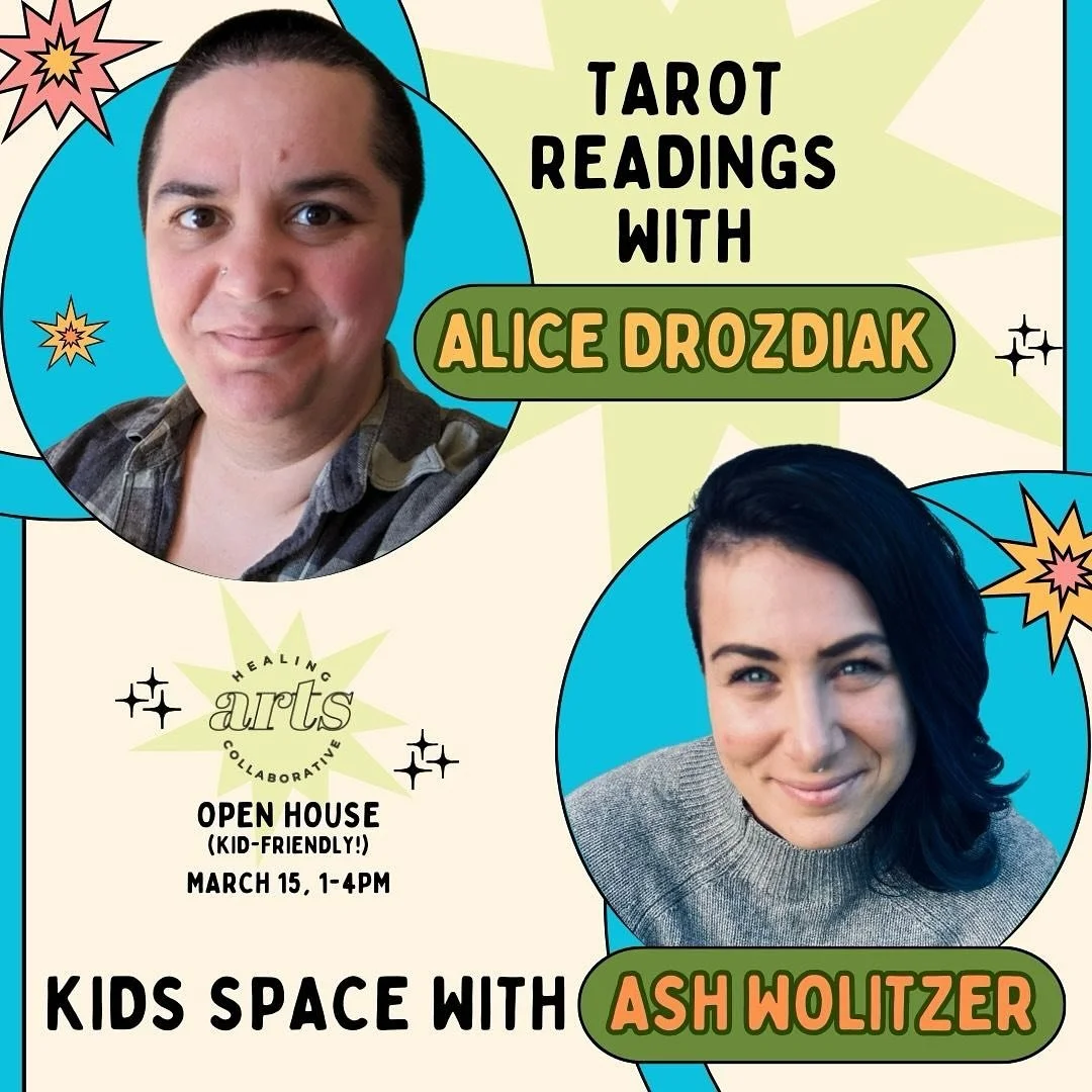 Fun for kids and grown-ups at our March 15th Open House! Tarot readings by therapist Alice Drozdiak, and Kids Play Space with therapist Ash Wolitzer. Did you know both are accepting new clients? Book your free consult online at healingartscollaborati