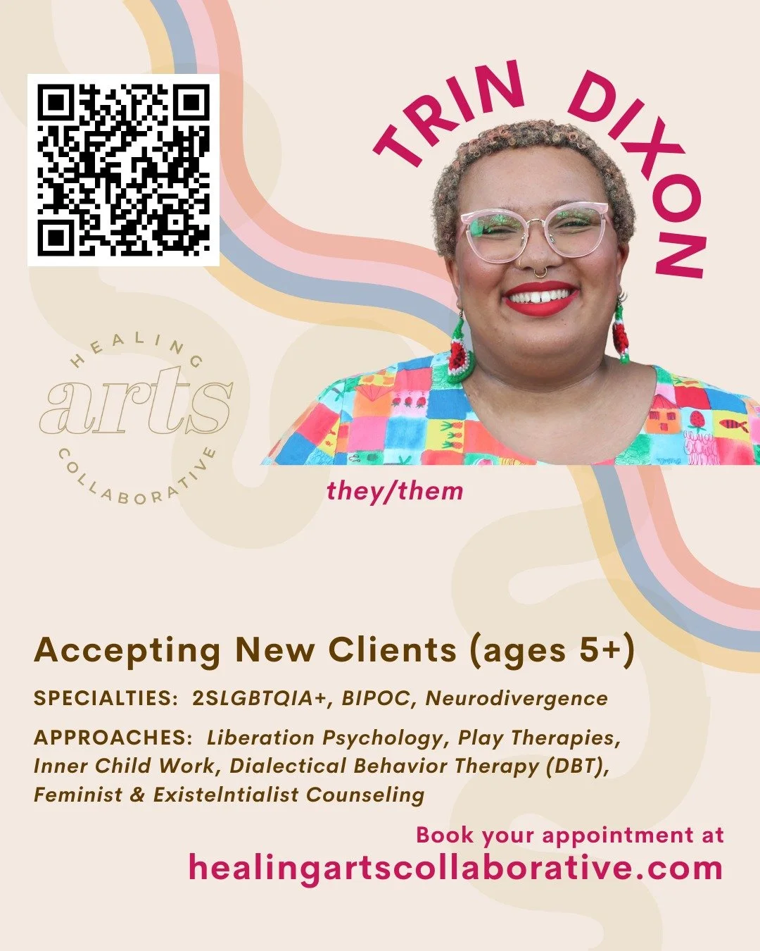 Introducing new team member Trin Dixon (they/them)! Trin is a Licensed Clinical Mental Health Counselor Associate who specializes in works with children, teens, and adults who identify as 2SLGBTQIA+, BIPOC, and neurodivergent.

Learn more about Trin 