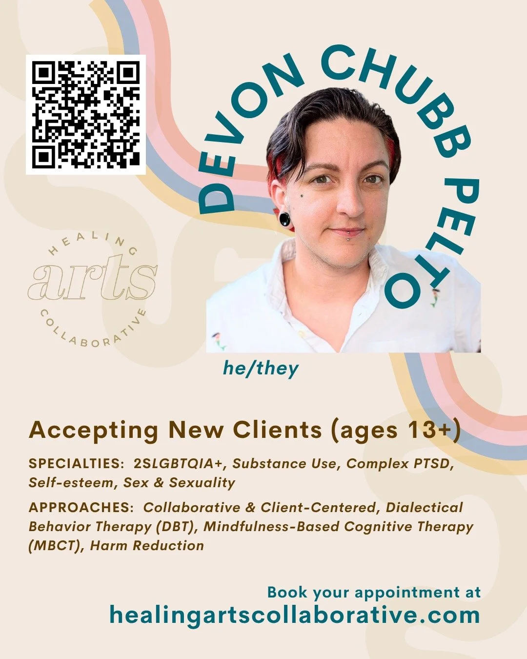Introducing new team member Devon Chubb Pelto (he/they)!

Devon is a Licensed Clinical Social Work Associate and Licensed Clinical Addiction Specialist Associate who specializes in working with teens and adults who are managing substance use and addi