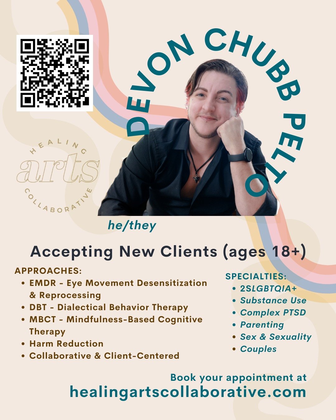 Re-introducing team member Devon Chubb Pelto (he/they)!

*Now offering EMDR &amp; seeing couples!*

Devon is a Licensed Clinical Social Work Associate and Licensed Clinical Addiction Specialist Associate who specializes in working with adult individu