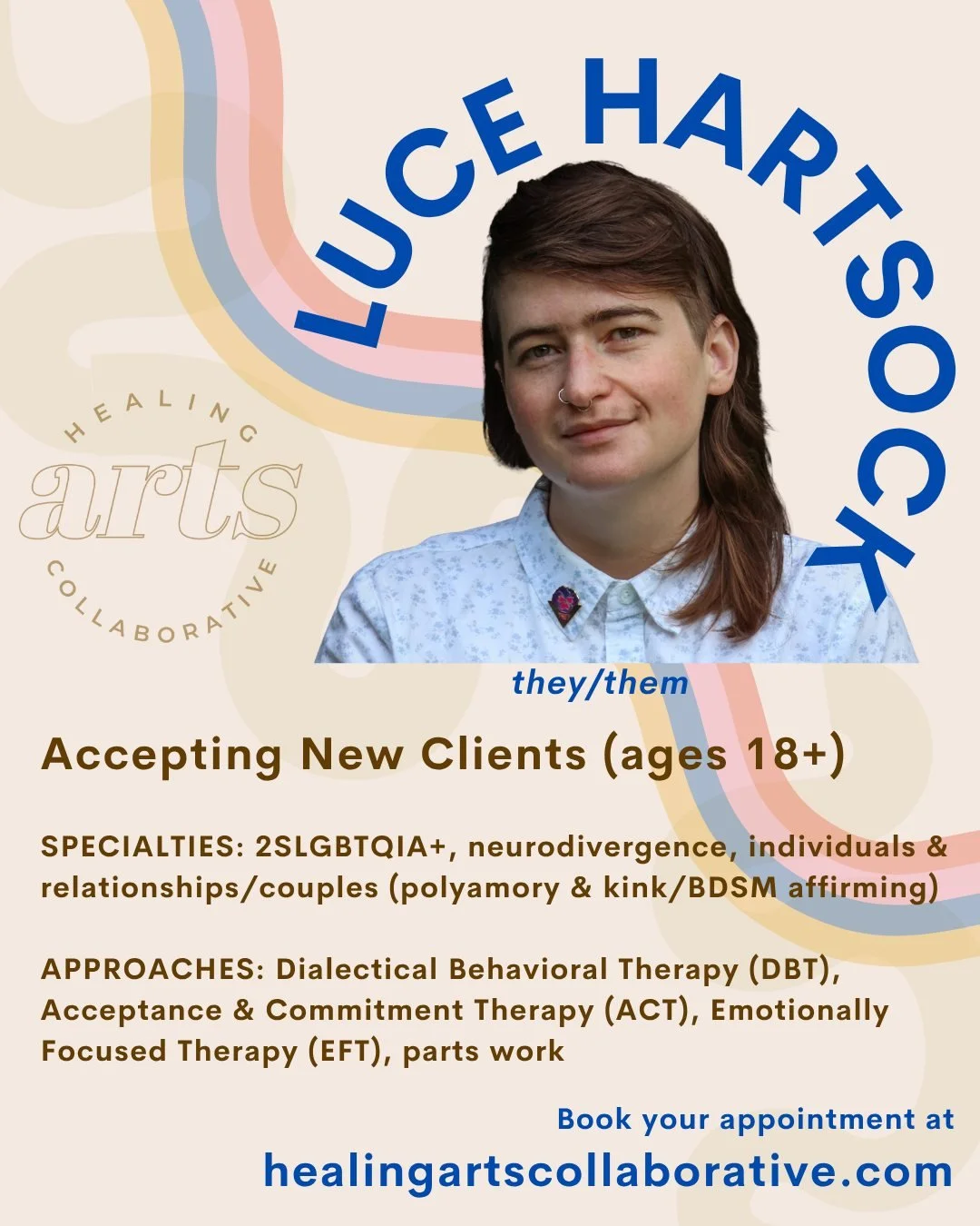 Meet Luce.
 
Luce, (LCSWA) is a Social Worker offering individual and relationship/couples therapy to adults 18+. With specialties in 2SLGBTQIA+ and neurodivergent care, Luce holds space for individuals and relationships/couples &mdash; including pol