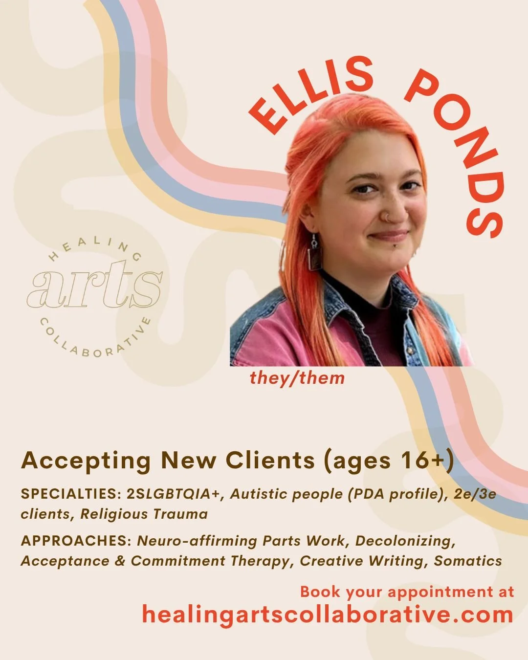 Meet Ellis.
Ellis is a Social Worker, creative writer, and published author who provides direct clinical therapy to teens, adults, and couples. They also provide consultation on neuro-affirming care and asexual/aromantic identities.
Ellis is now acce