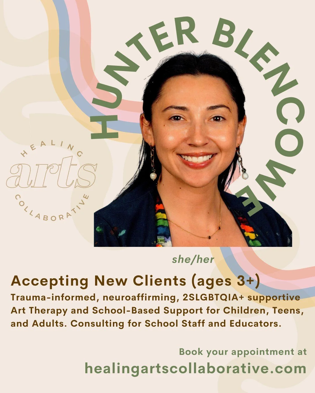 Meet Hunter.
Hunter is an Art Therapist who provides direct clinical therapy to adults, teens, and children ages 3+. She also provides consultation on school-based needs including 504 Plans, Individual Education Plans (IEPs), School Behavioral Plans,