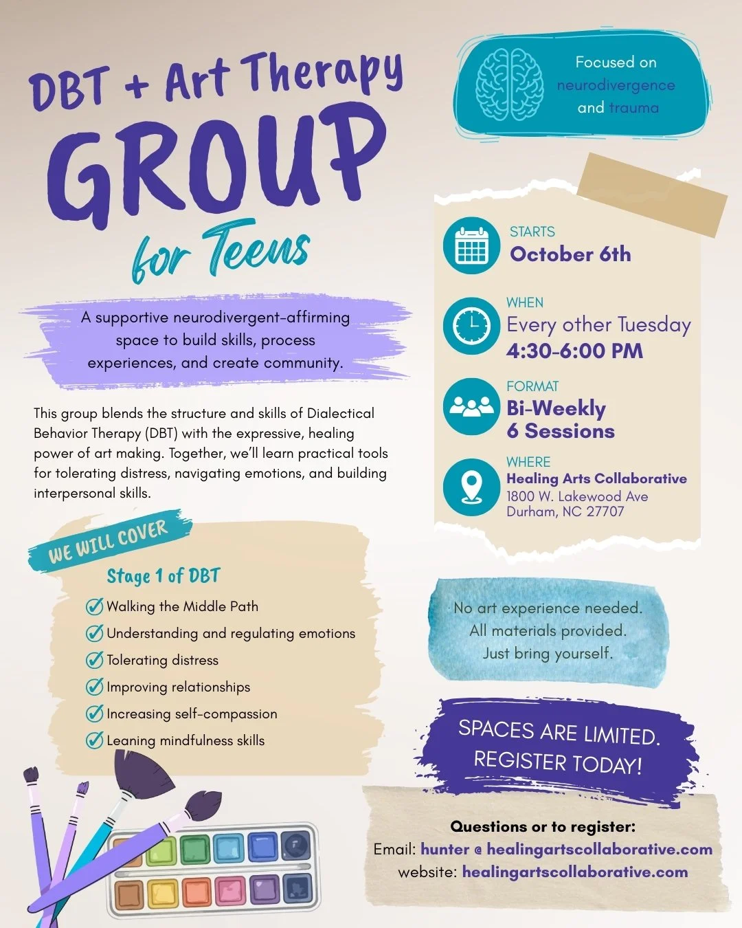 DBT + Art Therapy Groups for Teens &amp; Adults now enrolling at Healing Arts Collaborative!
Facilitated by Hunter Blencowe, ATR

This group blends the structure and skills of Dialectical Behavior Therapy (DBT) with the expressive, healing power of a