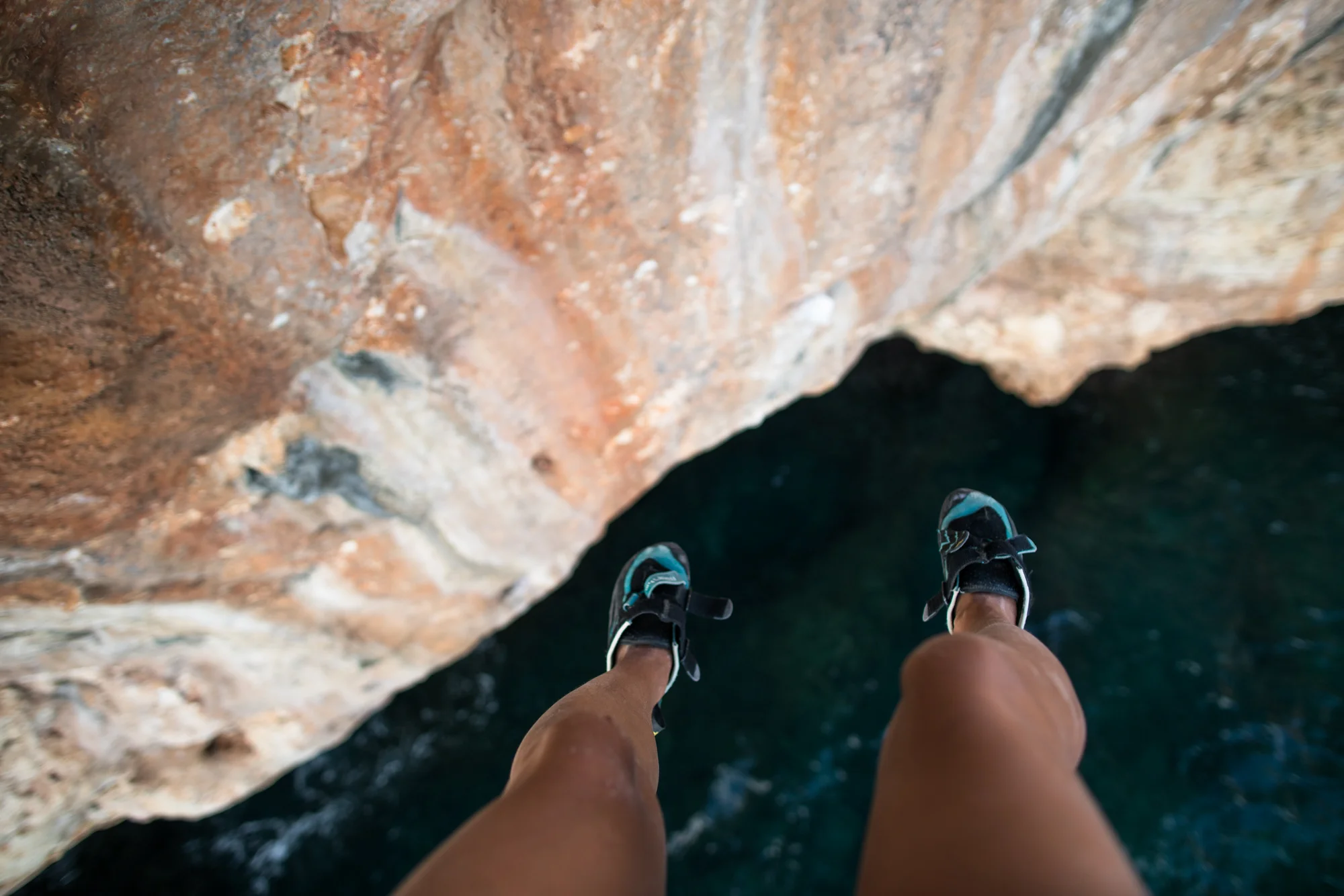 The ever-so important feet shot, while trying not to think about the sharp limestone threaders that my rope is attached to.