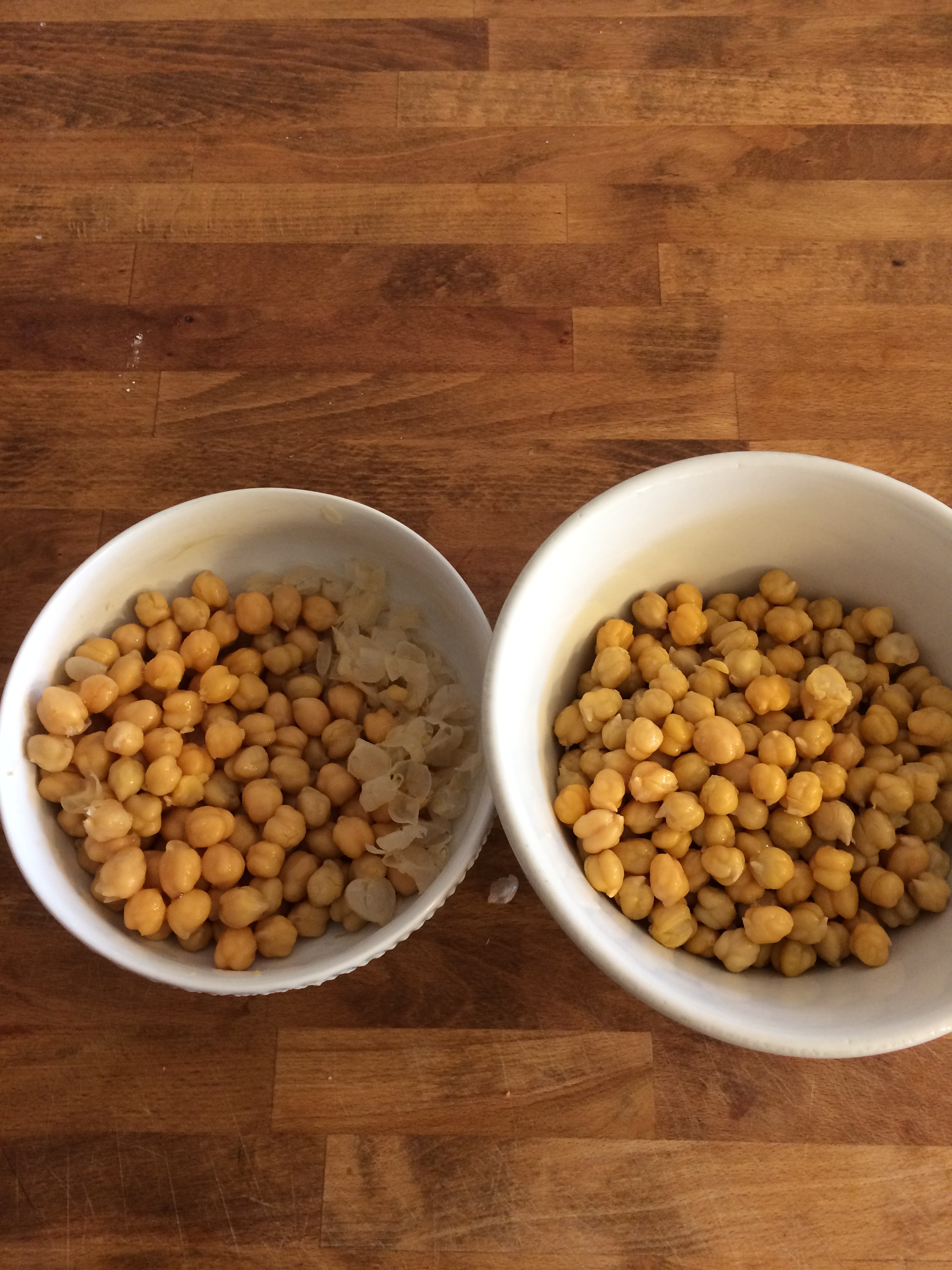 Removing the skin on the Chick Peas