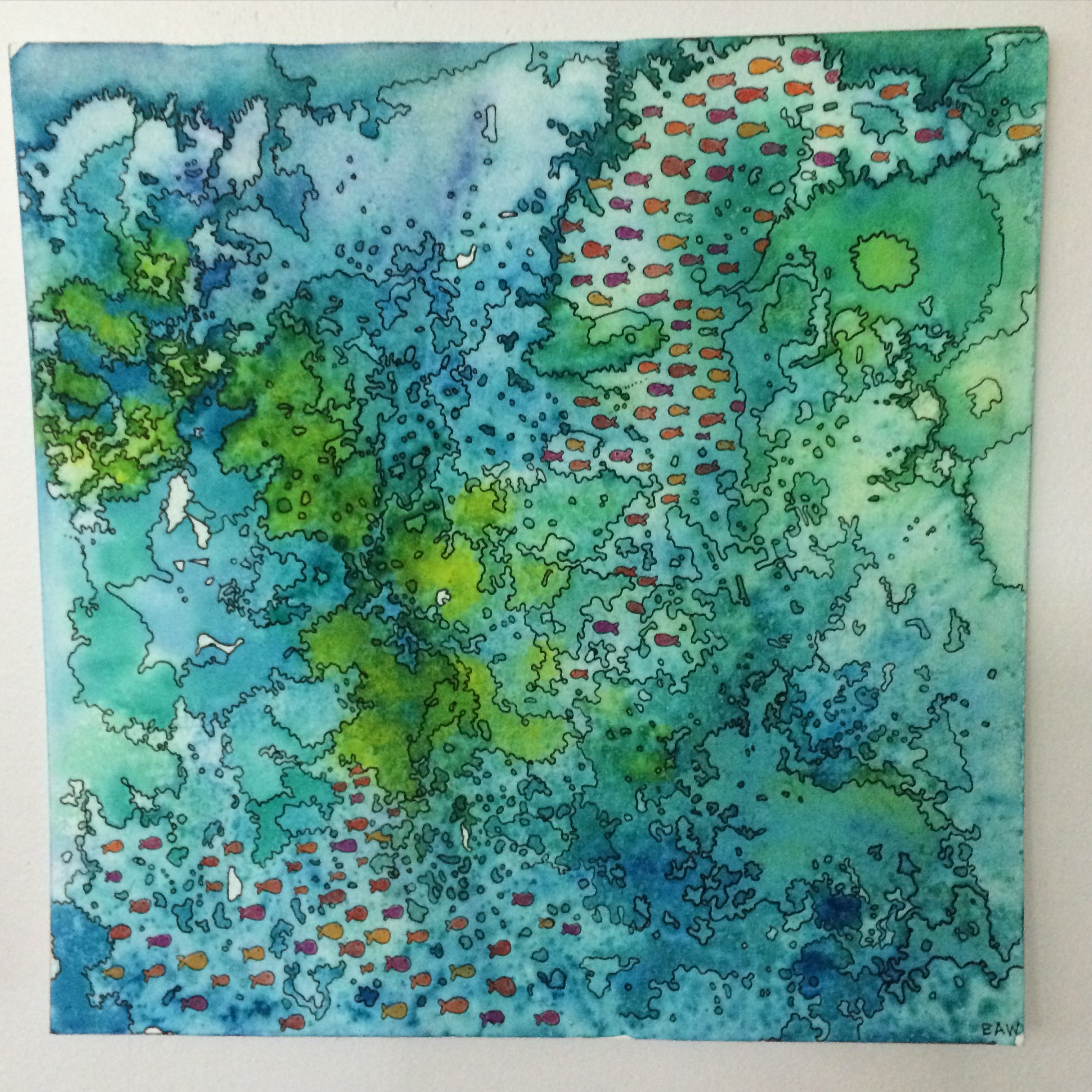 "Just Keep Swimming" 8"x8" Watercolor, Pen and Color Pencil Sold