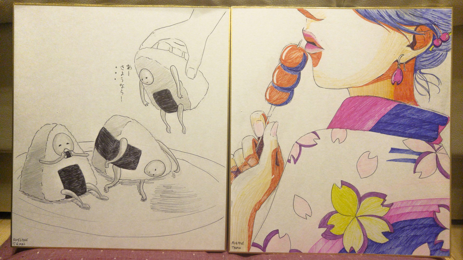 Ink drawing representing hot summer day (left); Illustration using family’s markers (right)
