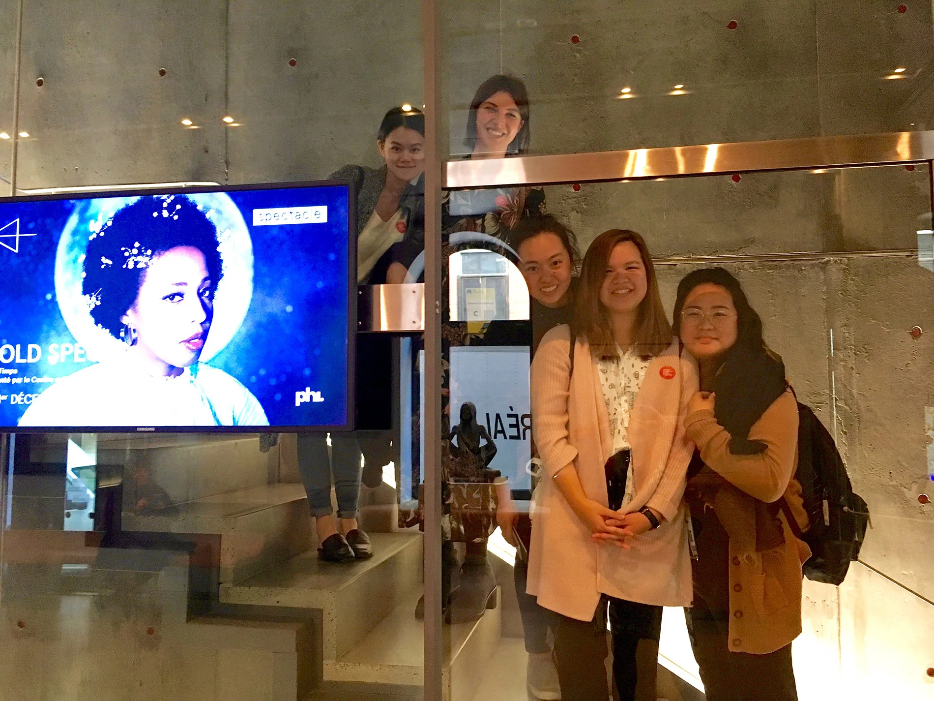 IDEA students Lillian Zhang , Jominca Engelbrecht , Jessica Peng , Ashley Loo and Cynthia Vo excited to lose themselves in the Lucid Realities exhibit at the Phi Centre
