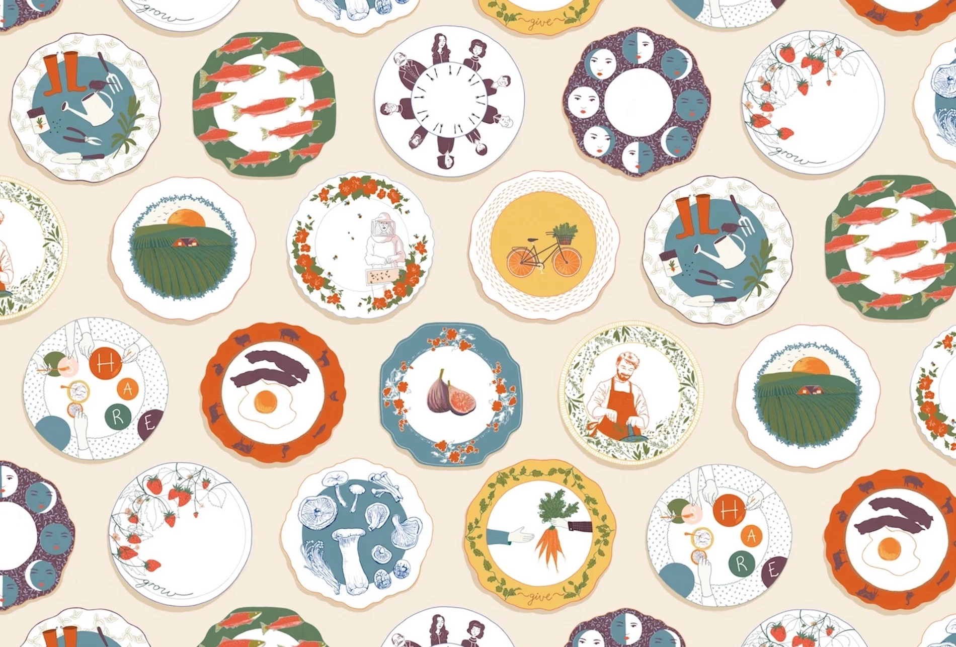 This pattern was designed as a wallpaper for ‘The Harvest Room’ a farm-to-table restaurant. The restaurant’s focus on the community and bringing people together to share delicious food was the inspiration for the illustration. Through my research I found vintage plates that illustrated a little scene and in turn told a story. Since plates are at the heart of sharing a meal and every meal tells a story; the different plates in the wallpaper invites further inspection into the stories surrounding ‘The Harvest Room’. Stories about the farming, preparation, community, the fresh produce and eating seasonally. Each illustration is intended to evoke a sense optimism, making customers feel good about supporting the local community and the planet. This is further carried through in the organic shapes, relaxed lines, light textures and the warm earthy colour palette. When you gather around the table at ‘The Harvest Room’ you will be reminded that we are all a part of something bigger. —Jominca J Engelbrecht