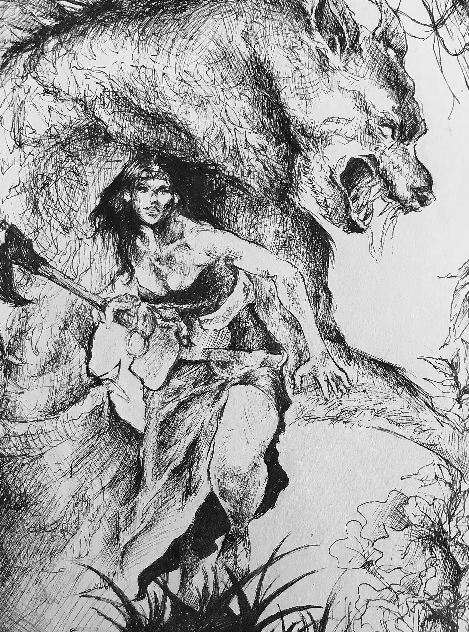 Black & White Line Illustration, Joyce Chan (IDEA22) This assignment is about creating a dynamic composition with organic elements and characters based on 3 different present-day photo references. At the end, I created this illustration that features a female hunter and the fierce werewolf in the jungle.