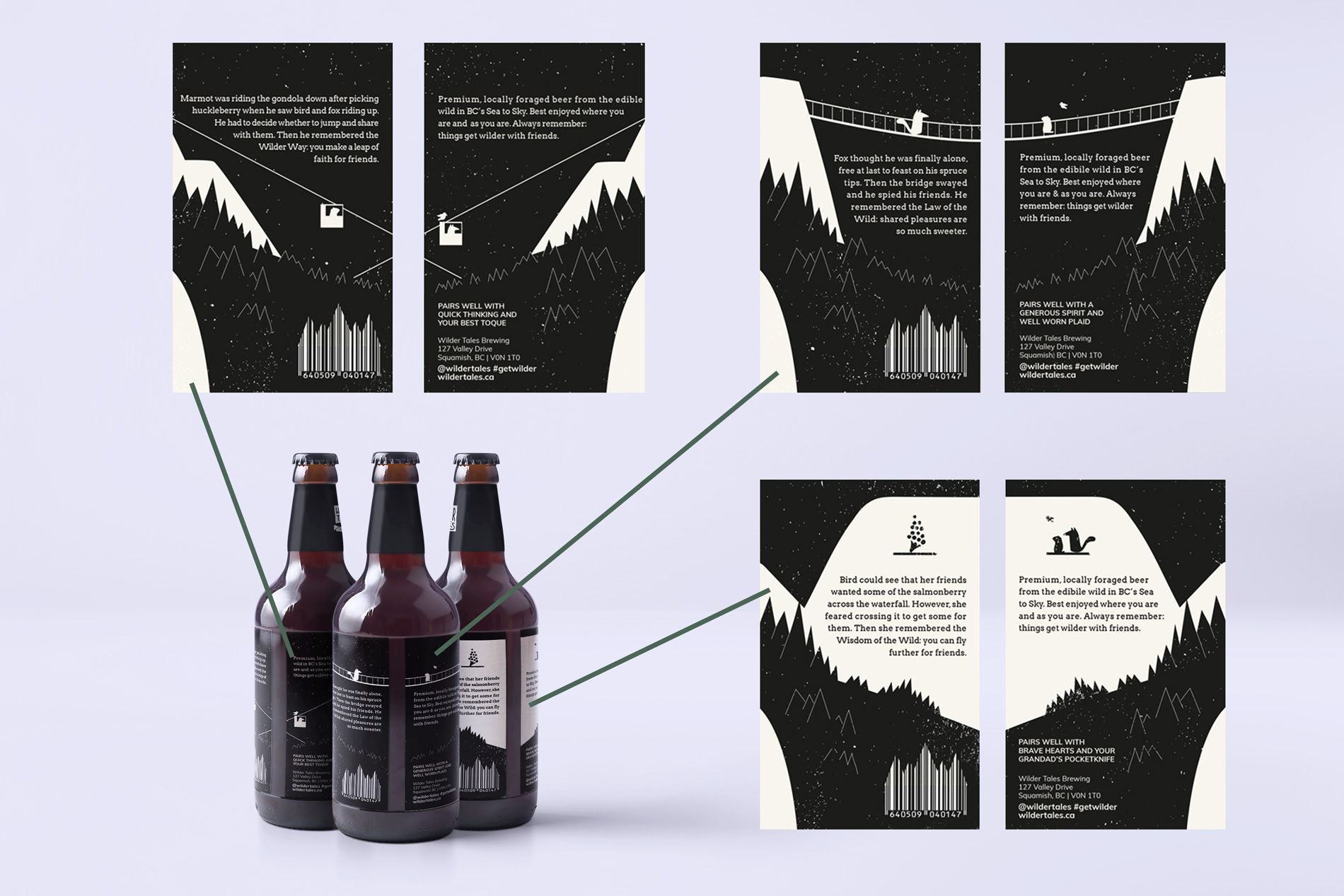  Back of bottle design showing foraging stories and how they use the edge of the packaging label. 