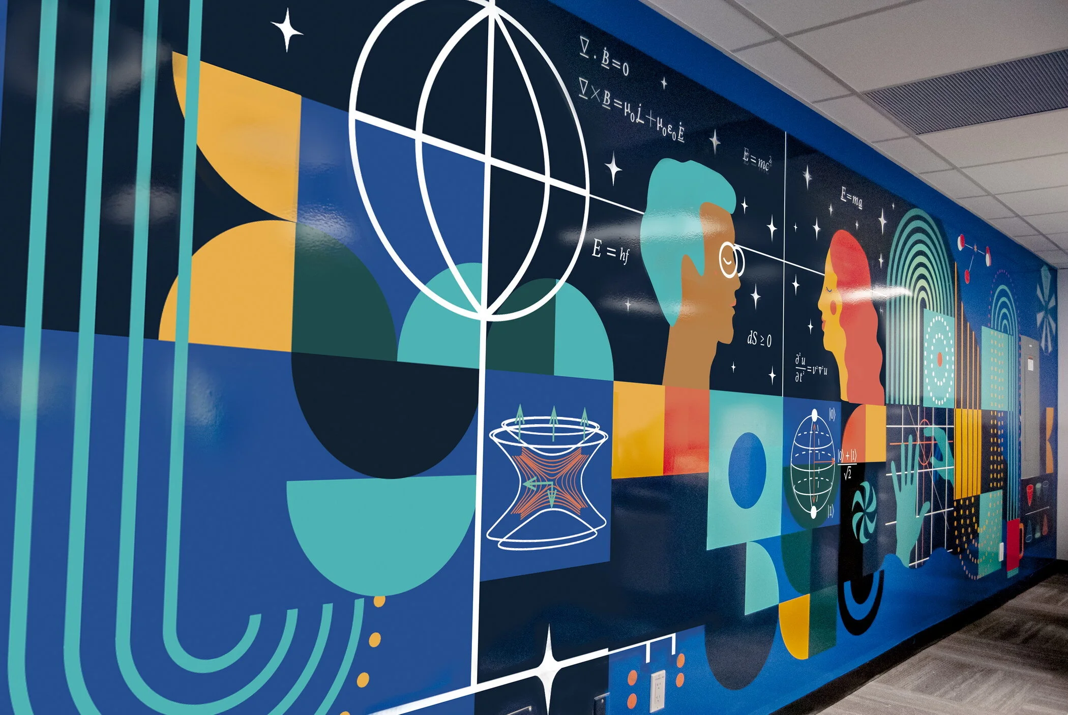 Diana Castaneda (IDEA Grad 2014) art directed Lillian T. Zhang (IDEA Grad 2019) for TRIUMF Physical Sciences Office Mural