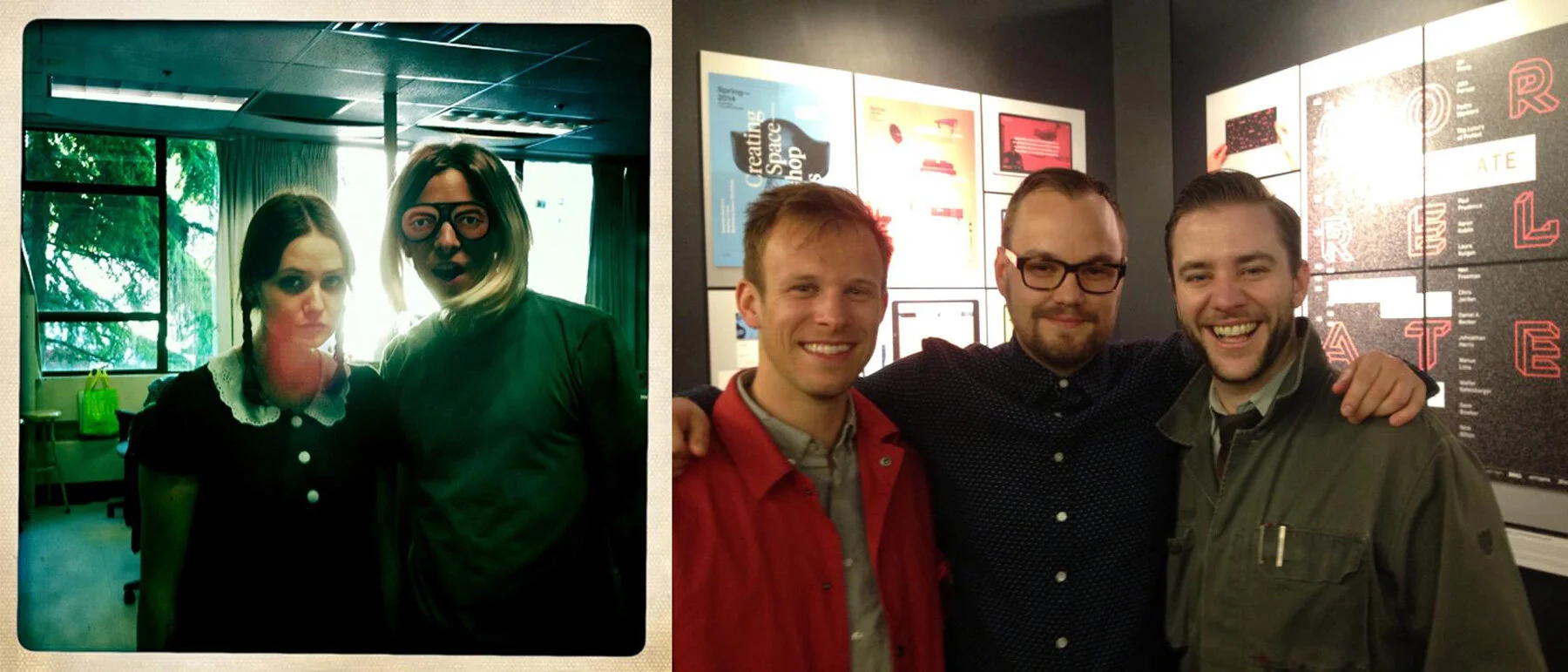 Alexis Young and Henry on Halloween 2012, and Henry, Alex Bakker, and Graham Handford at Alex’s 2014 Grad Show booth.
