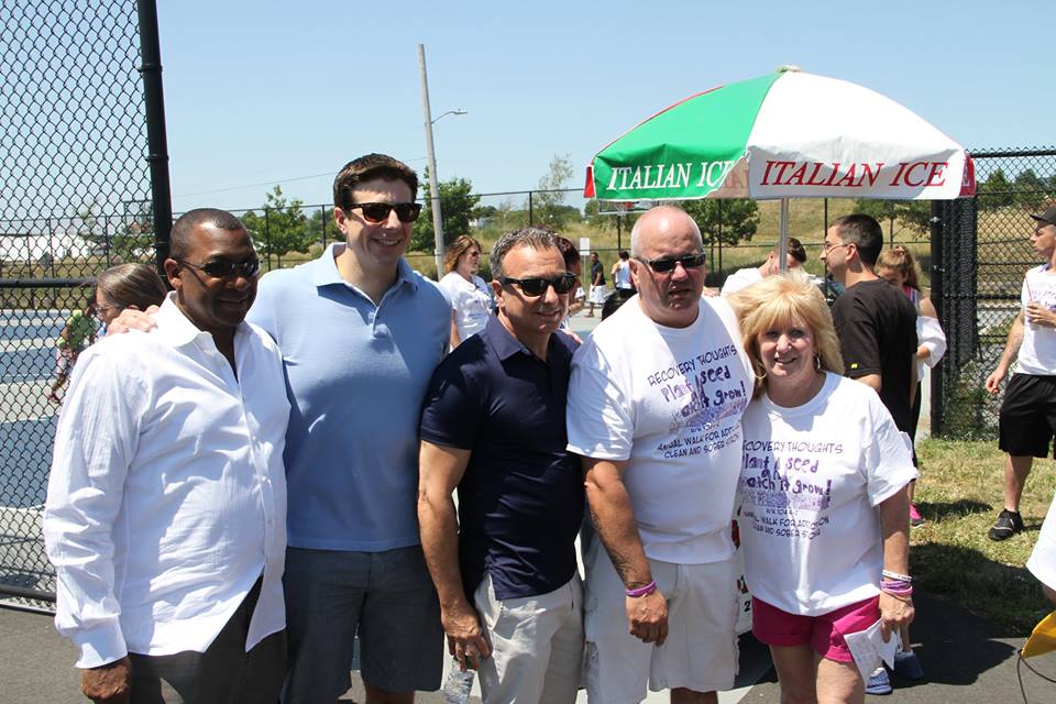 Sheriff Steve Tompkins with, from left to right, State Representative Adrian Madaro, Boston City Councilor sal lamattina, and nick moulaison and Julie Lynch of Recovery Thoughts Addiction Awareness, Inc.