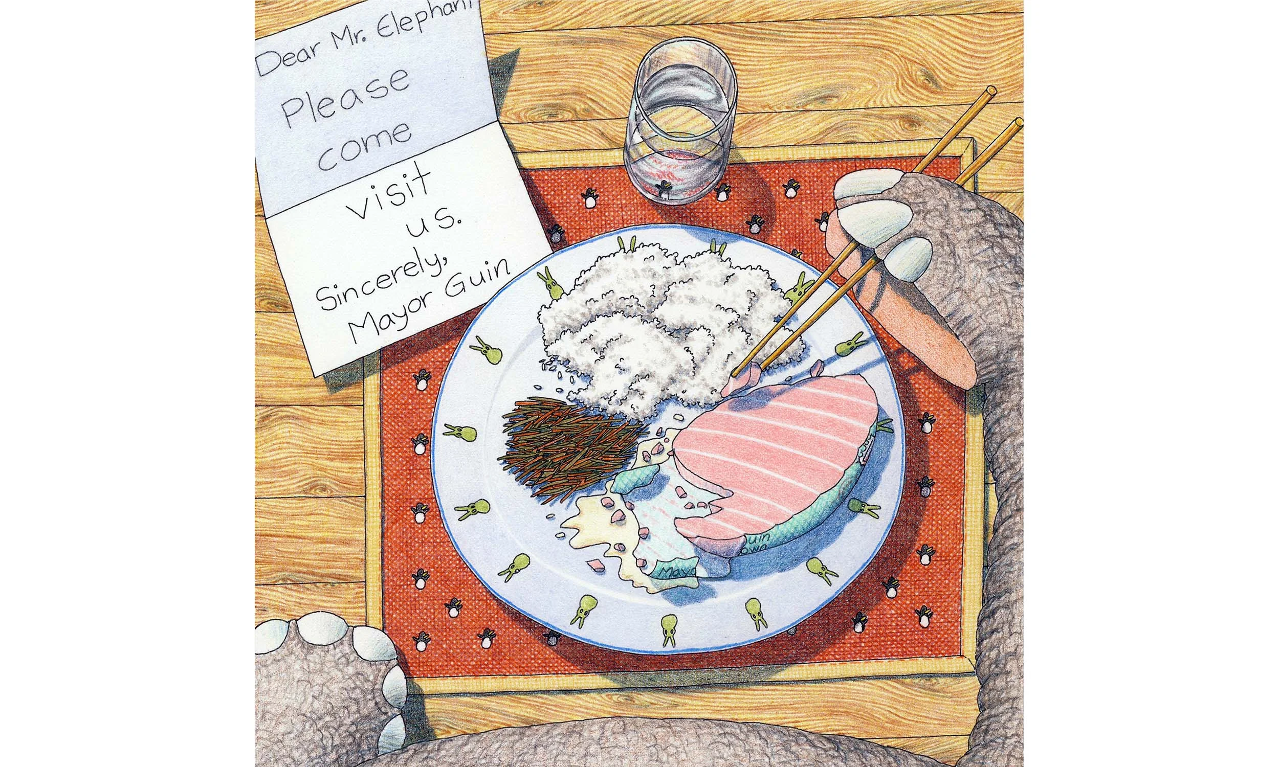 Mr. Elephant Eating Fish Letter With Chopsticks