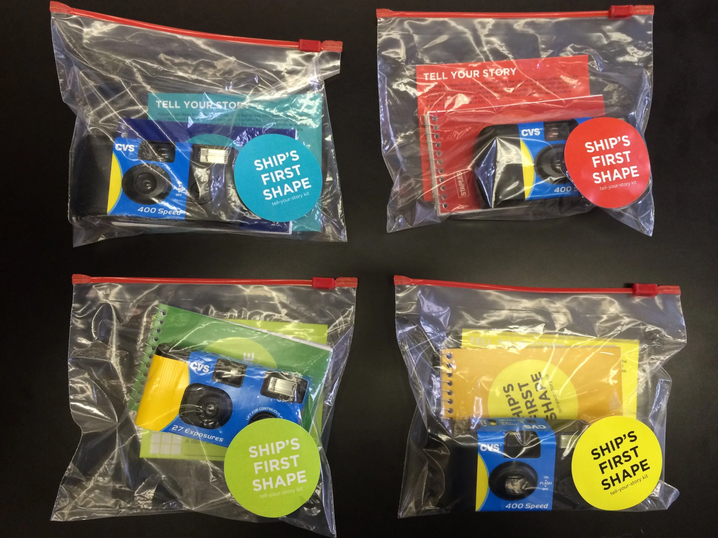  Tell-Your-Story kit in red, blue, green, and yellow. 