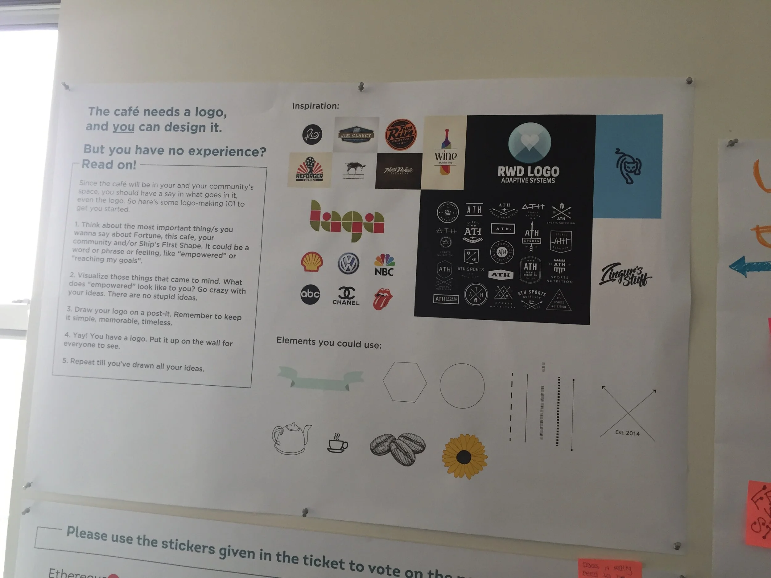  Round 2: At the second prototype held at Fortune, the TNS team turned the logo worksheet into a poster and added suggestions based on Round 1, like providing initial visual inspiration. 