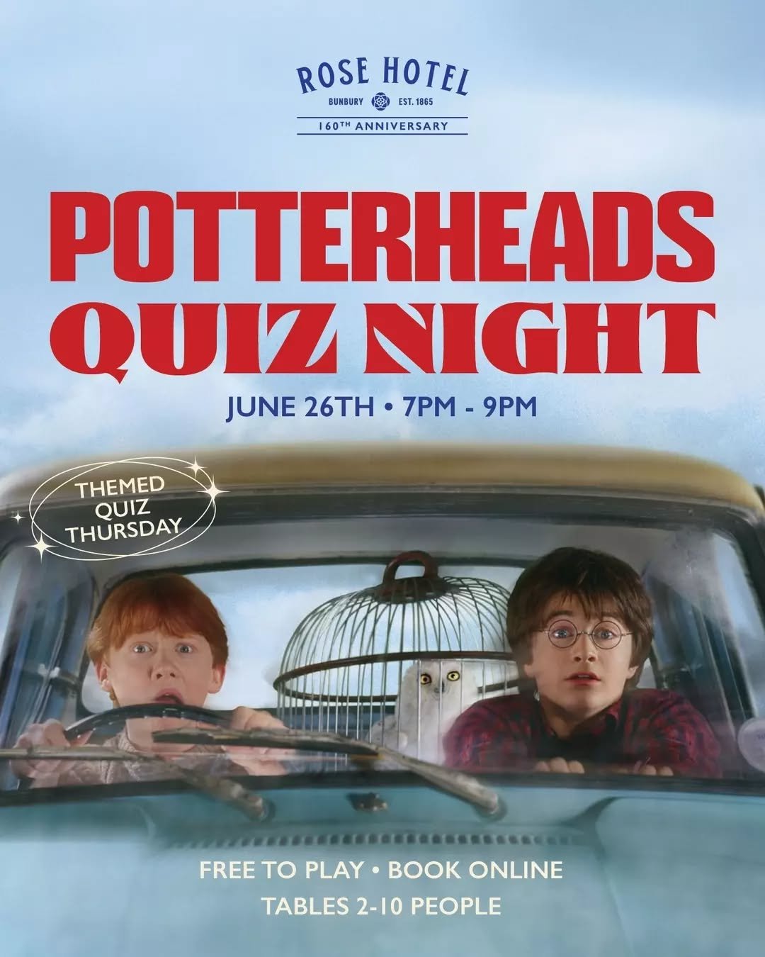 Join us for a magical evening of spells, potions, and trivia at the Rose Hotel's Harry Potter Quiz Night!

Tables are FREE but limited and will book out fast, so book yours in now through the link in our bio.
