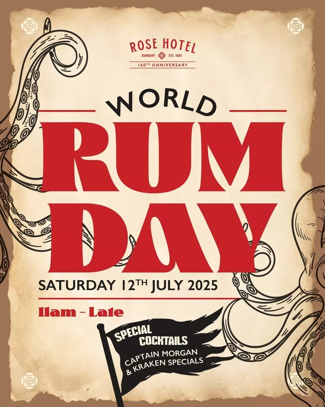 Join us for a full day of rum-fuelled celebration at the Rose this World Rum Day!&nbsp;

We&rsquo;ll be serving Captain Morgan and Kraken specials all day long, plus a killer lineup of rum cocktails crafted just for the occasion&nbsp;🥃