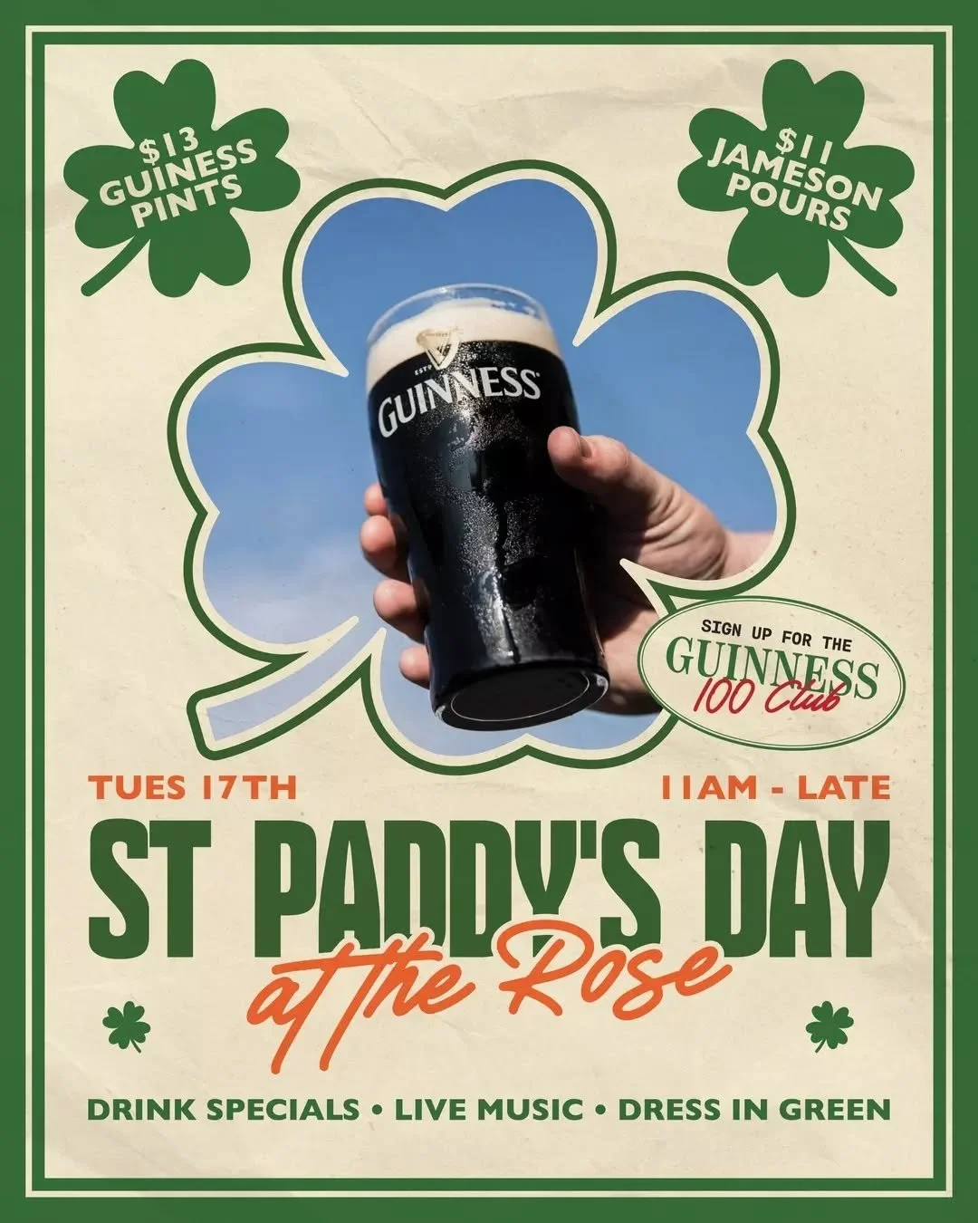 St Paddy&rsquo;s Day at the Rose is going full Irish 🍀

We&rsquo;re pouring $13 Guinness pints, $11 Jameson pours and shaking up a special cocktail to keep the celebrations flowing. 

Feeling brave? St Paddy&rsquo;s Day is also the perfect time to s