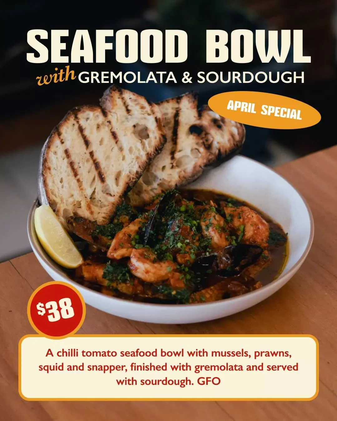 Spice up your April plans with our seriously satisfying monthly special 🌶️ 

Our Seafood Bowl is packed with prawns, mussels, squid and snapper, all simmered in a rich tomato base and finished bright with gremolata. For bookings this month head to t
