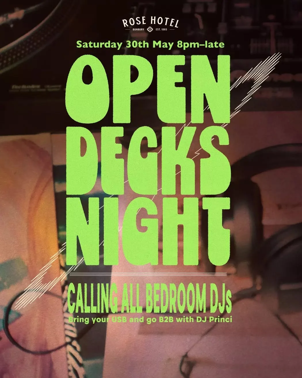 You know the drill, Open Decks Night is taking over on Saturday night (in 2 weeks)! 

Bring the crew and your USB and go B2B with PRINCI ✨