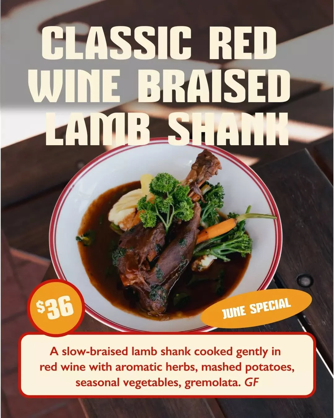Tender lamb shank braised low and slow in red wine, served exactly how winter should taste ✨

Available for June only!