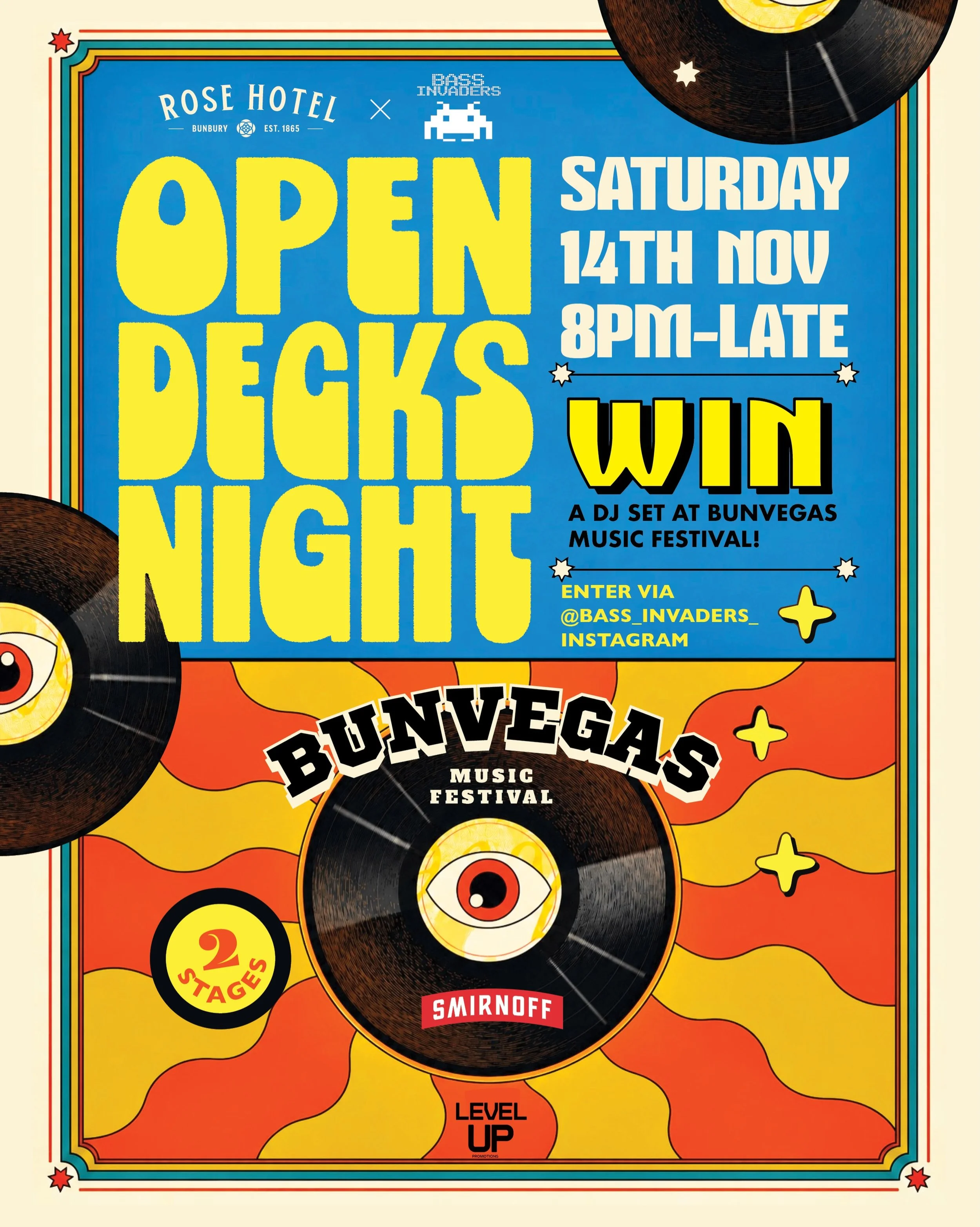 OPEN DECKS ARE BACK! 

This time, we&rsquo;re partnering up with @bass_invaders_ for your chance to WIN a DJ set performance at @bunvegas.musicfestival 🪩

Join us on Saturday 14th November from 8pm for big tunes, local DJs, festival energy and a who