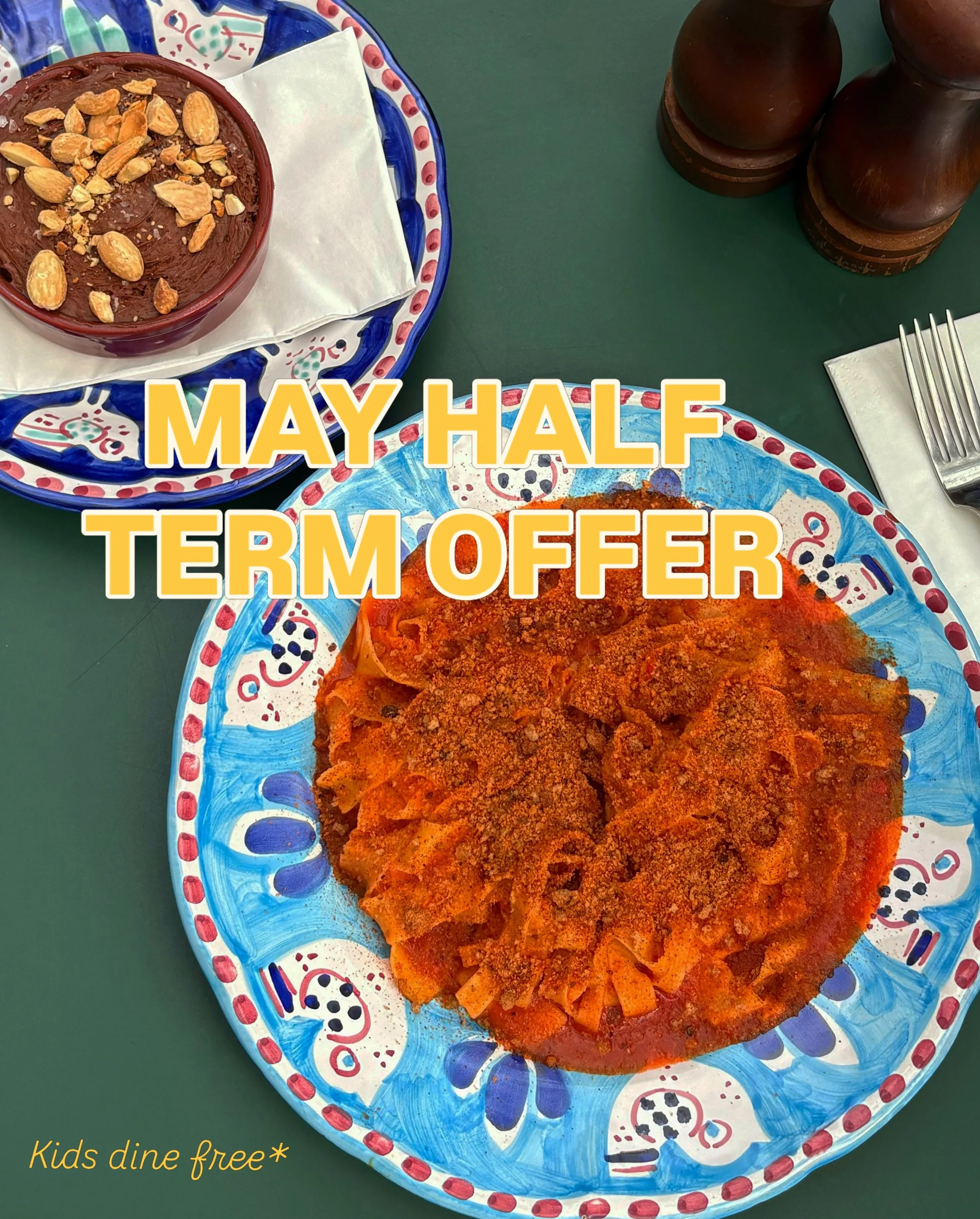 MAY HALF TERM OFFER ☀️🍝

For the whole of half term, kids dine for free with every adult main purchased. 

Bring the family down, bask in our sunny outdoor area, and enjoy some delicious, authentic Italian food. 

Secure your spot via the link in ou