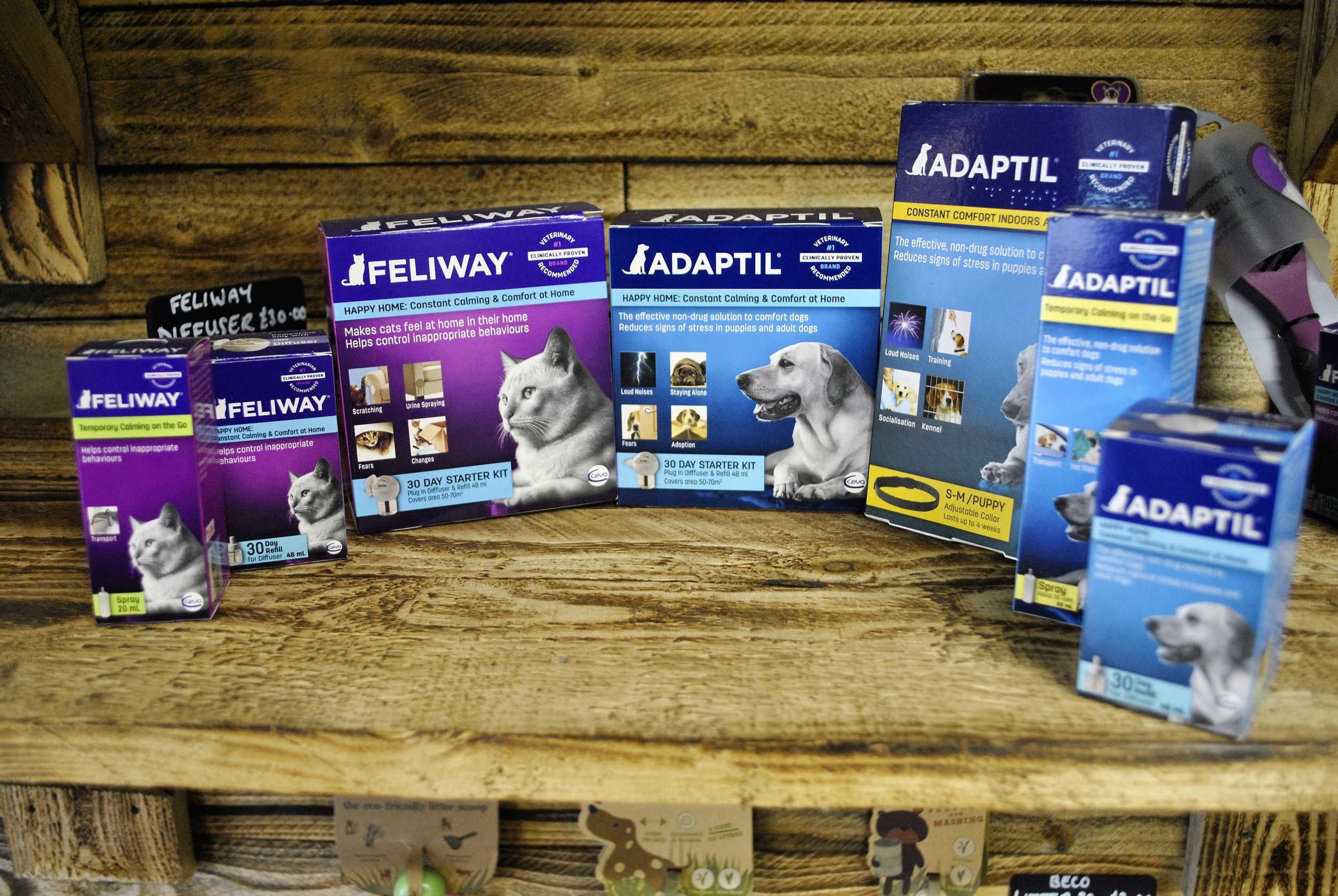 Dog and cat phermones, adaptil and feliway for sale at Ginger&Browns pet shop in Northwich, Chester near Chester, Winsford, Frodsham. Shop in store or buy online.