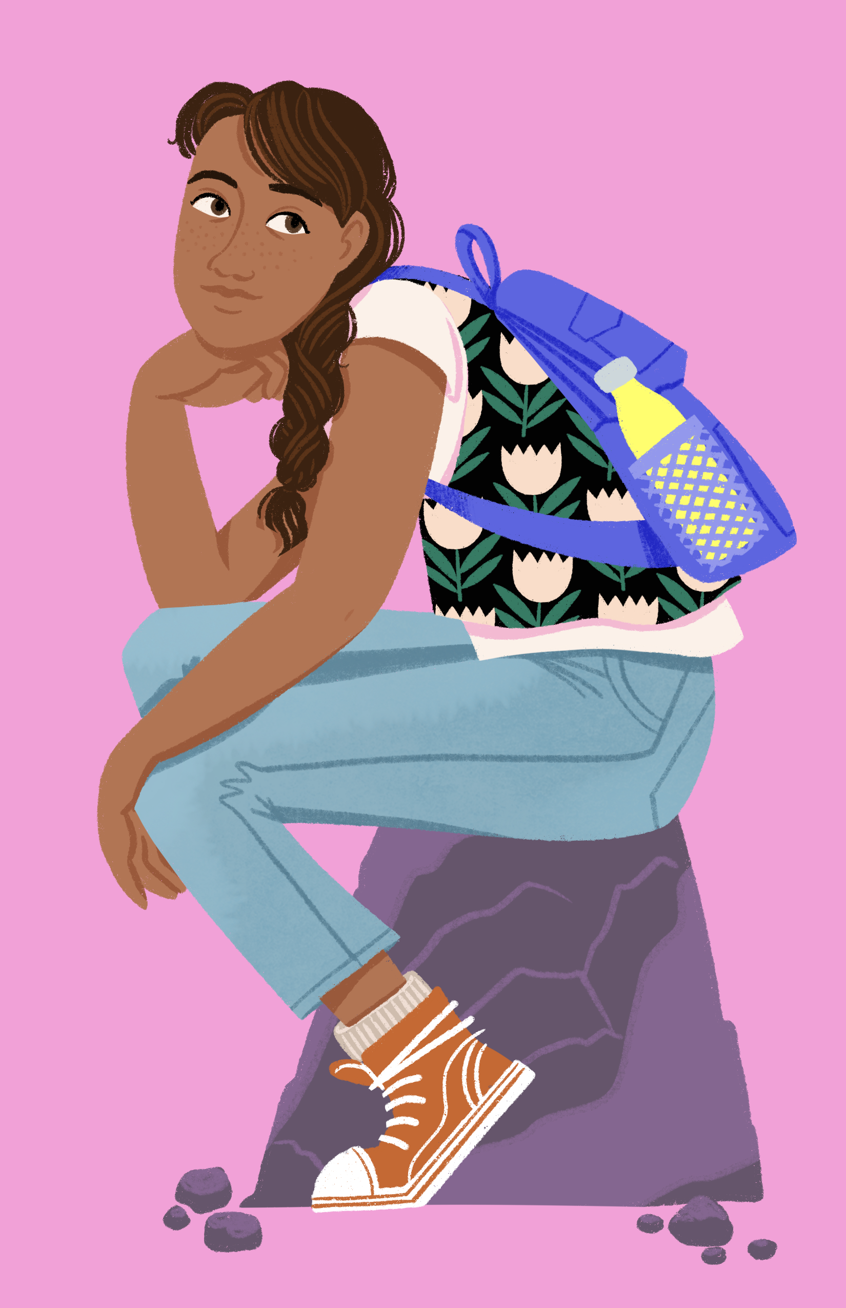 Digital illustration of girl sat thinking on a rock by Amy Blackwell