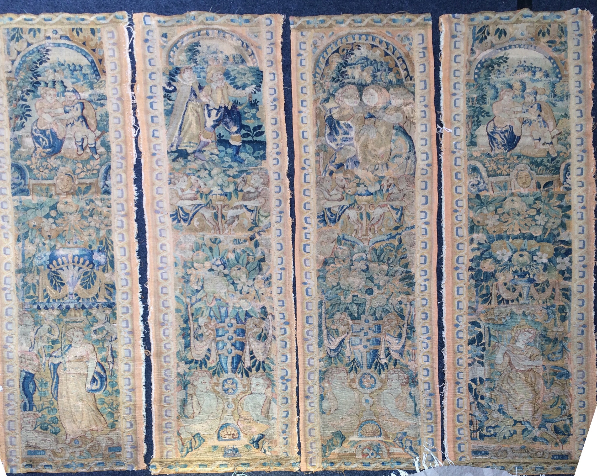 Four 17th Century Brussels Tapestry Panels. Sizes approx. 1.68m x 0.46m. SOLD