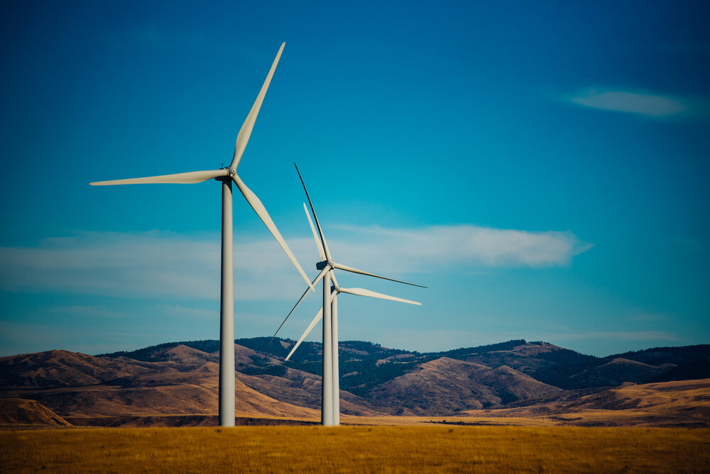 Turbines churn as the wind blows near Idaho Falls, ID.