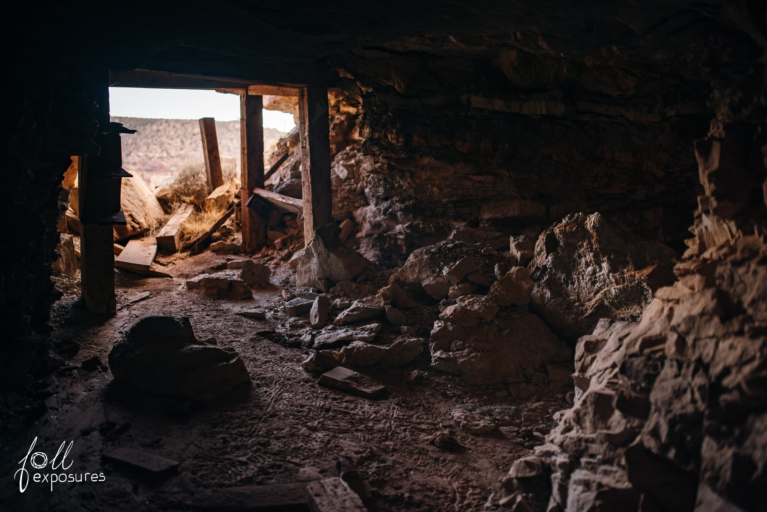 Just inside the mine looking back towards the entrance. Note the massive timbers needed to support the weight of the rock above.