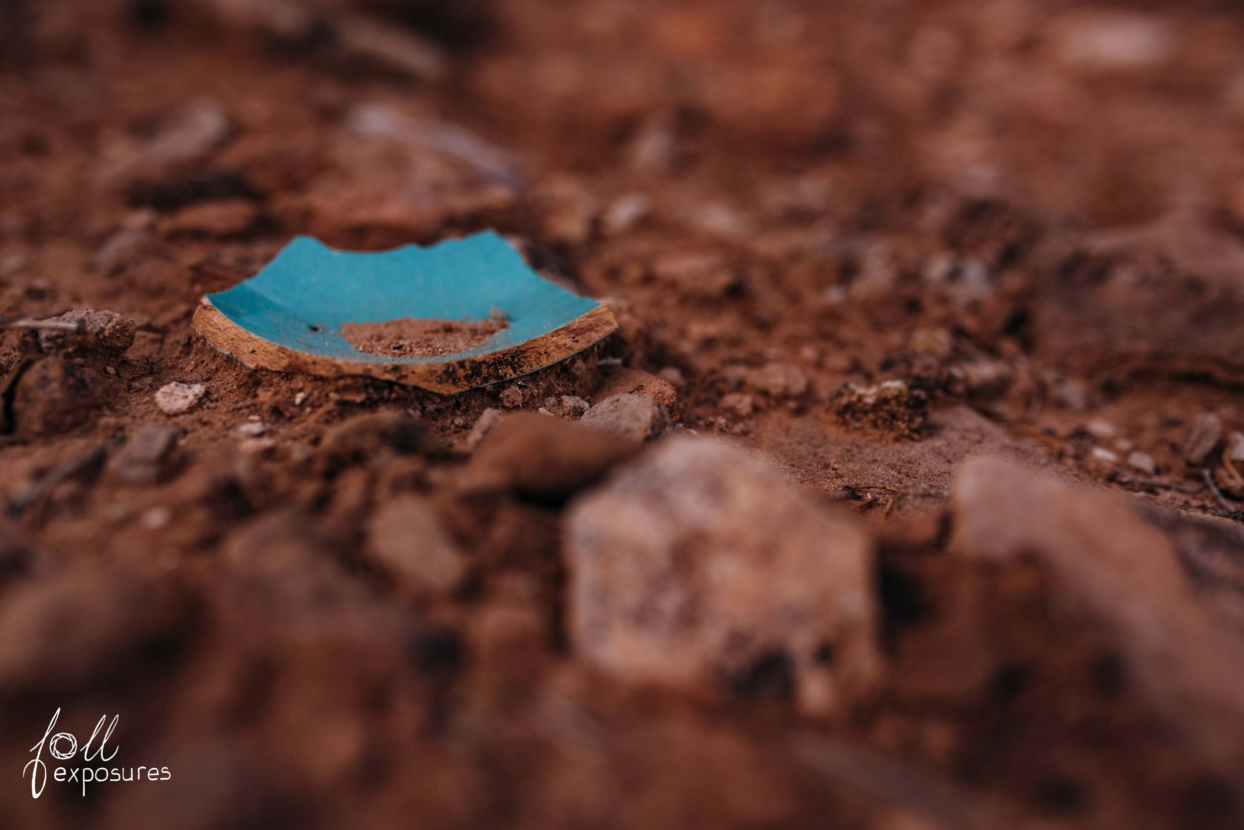 Shard of pottery, which was a refreshing find in piles of rusty objects & shattered glass.