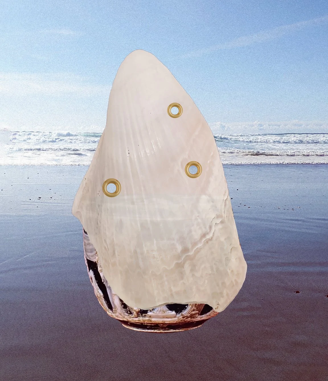 Sketch for shell spirits- large scale shell sculptures to be placed in different landscapes. They are hollow inside with different chimes hanging in them to catch the wind through the holes. The sounds serve as messages from loved ones or guidance to