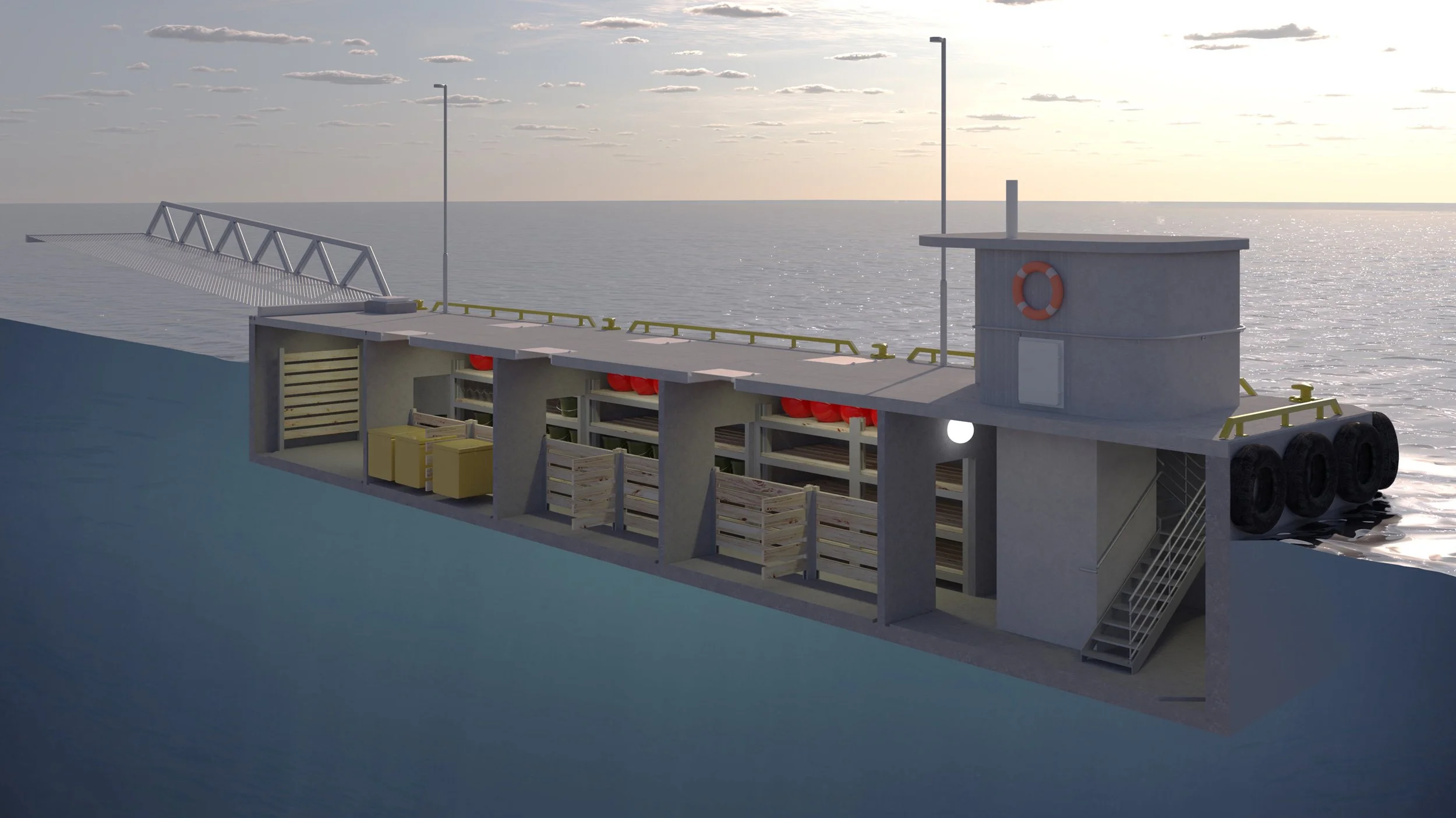 Flytande fiskerikai i betong