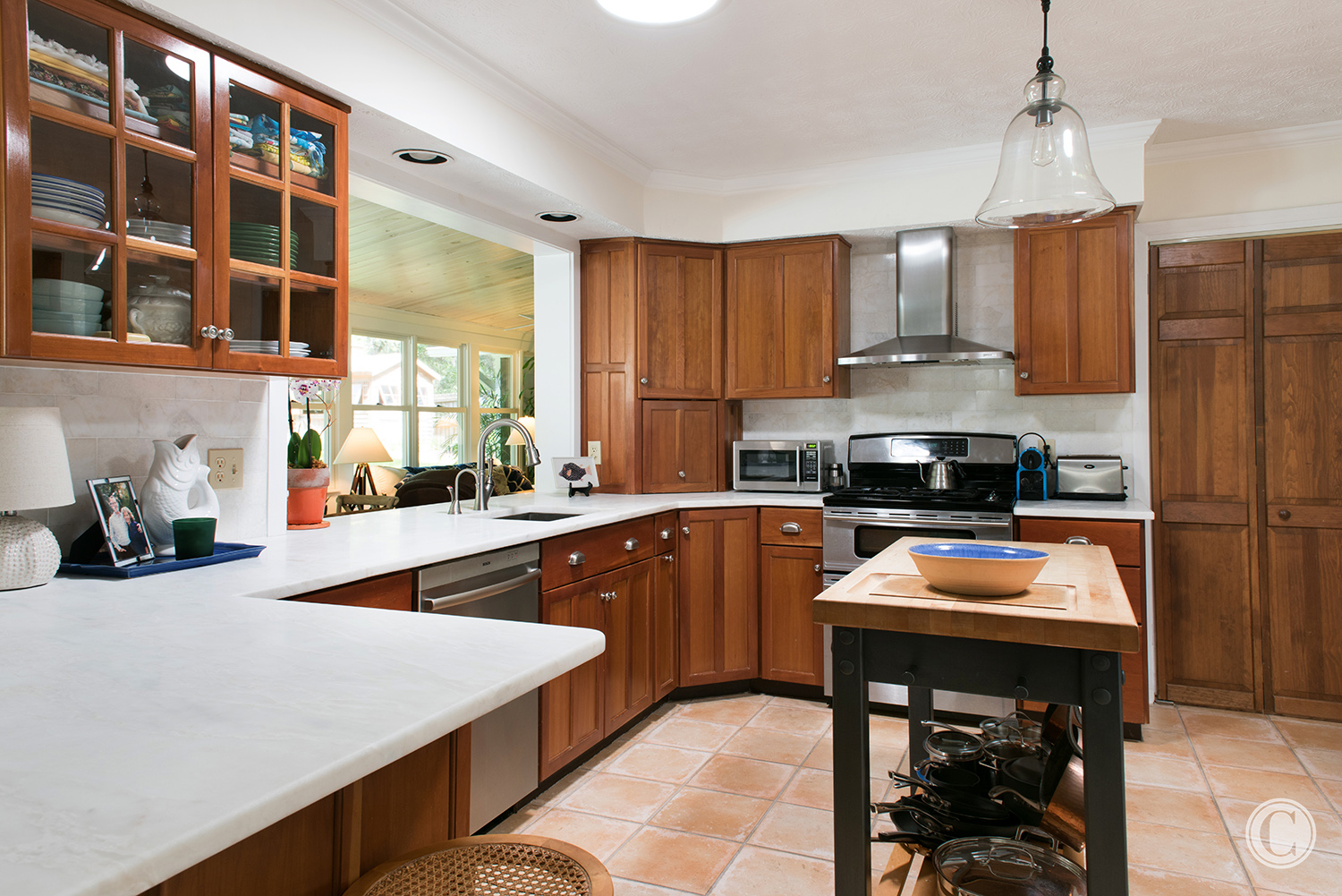 Kitchen Upgrades Passthrough, Gorgeous Honed Marble Counter, Atlantic Beach, Florida Home Renovation, ©Agnes Lopez Photography