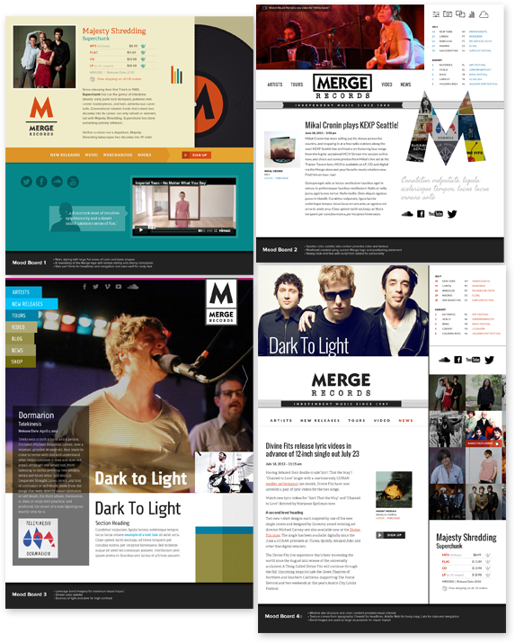 After a couple of rounds of mood boards, a sharply defined, clean aesthetic began to emerge (lower right), with pure white backgrounds, black text, and a drop of red for emphasis.