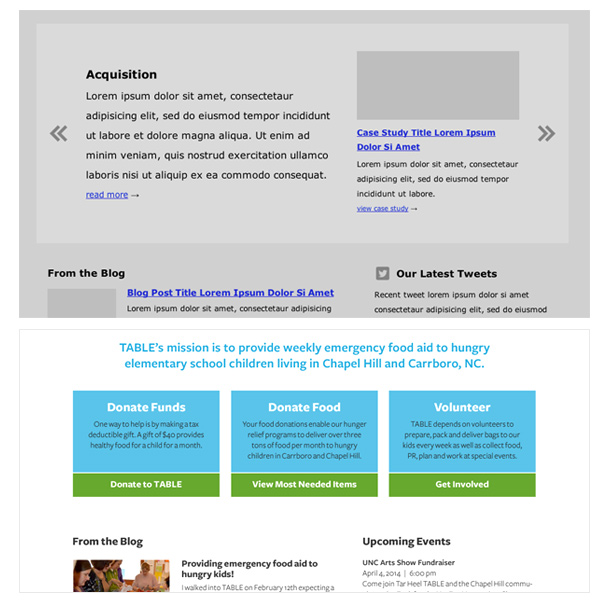 Always looking for ways to simplify, I redesigned the “How You Can Help” widget from a two-columned slideshow (shown in prototype, top) to three conspicuous callouts with clear calls-to-action.