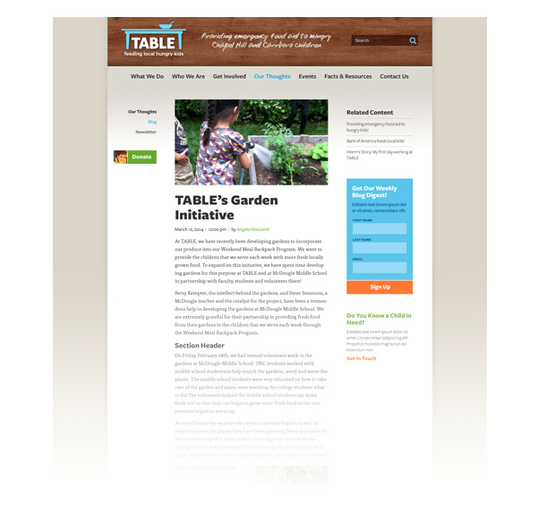The second round of layouts included subtle changes, like fixing the width of the site, adding a background, and replacing the gingham texture underneath the header with a burlap texture.
