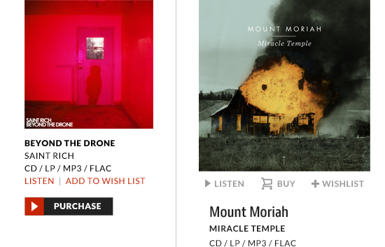 The album card is a core element of the Merge website. In early design versions (left) the purchase button took center stage. The benefit of collaborating with Merge’s art director, Maggie, was gaining a better understanding of their culture and priorities which lead to a reworking of the album card (right) with more emphasis on album art and artist names. 