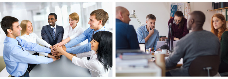 Which one of these stock photos says "teamwork" and which one looks like some sort of weird corporate seance? Natural lighting, natural placement of people in space, and natural interactions make all the difference between these two examples.