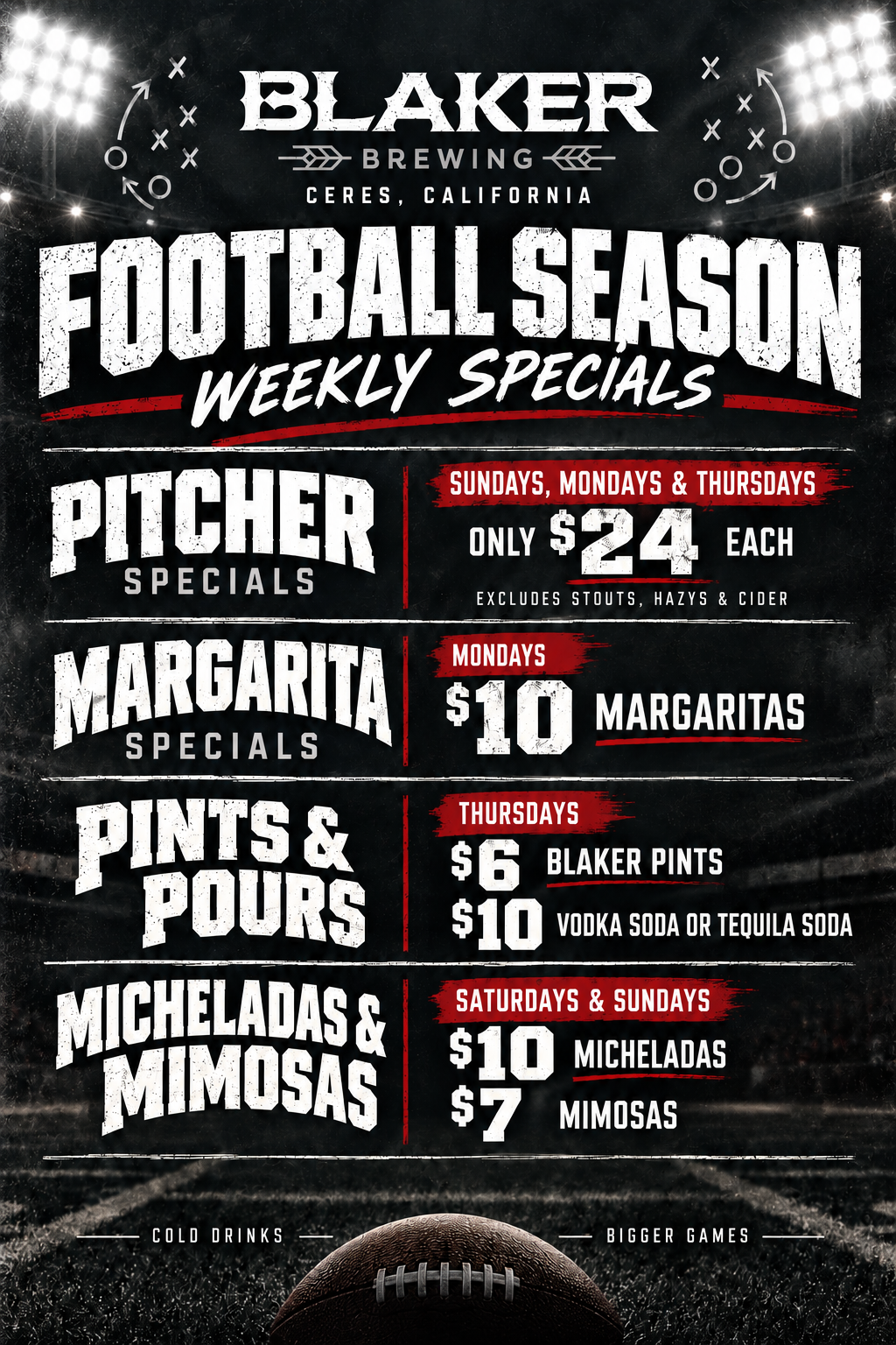 Blaker Brewing Ceres football season weekly specials — $24 pitchers Sundays, Mondays and Thursdays; margarita specials Mondays; $6 Blaker pints and $10 vodka or tequila sodas Thursdays; $10 micheladas and $7 mimosas Saturdays and Sundays.