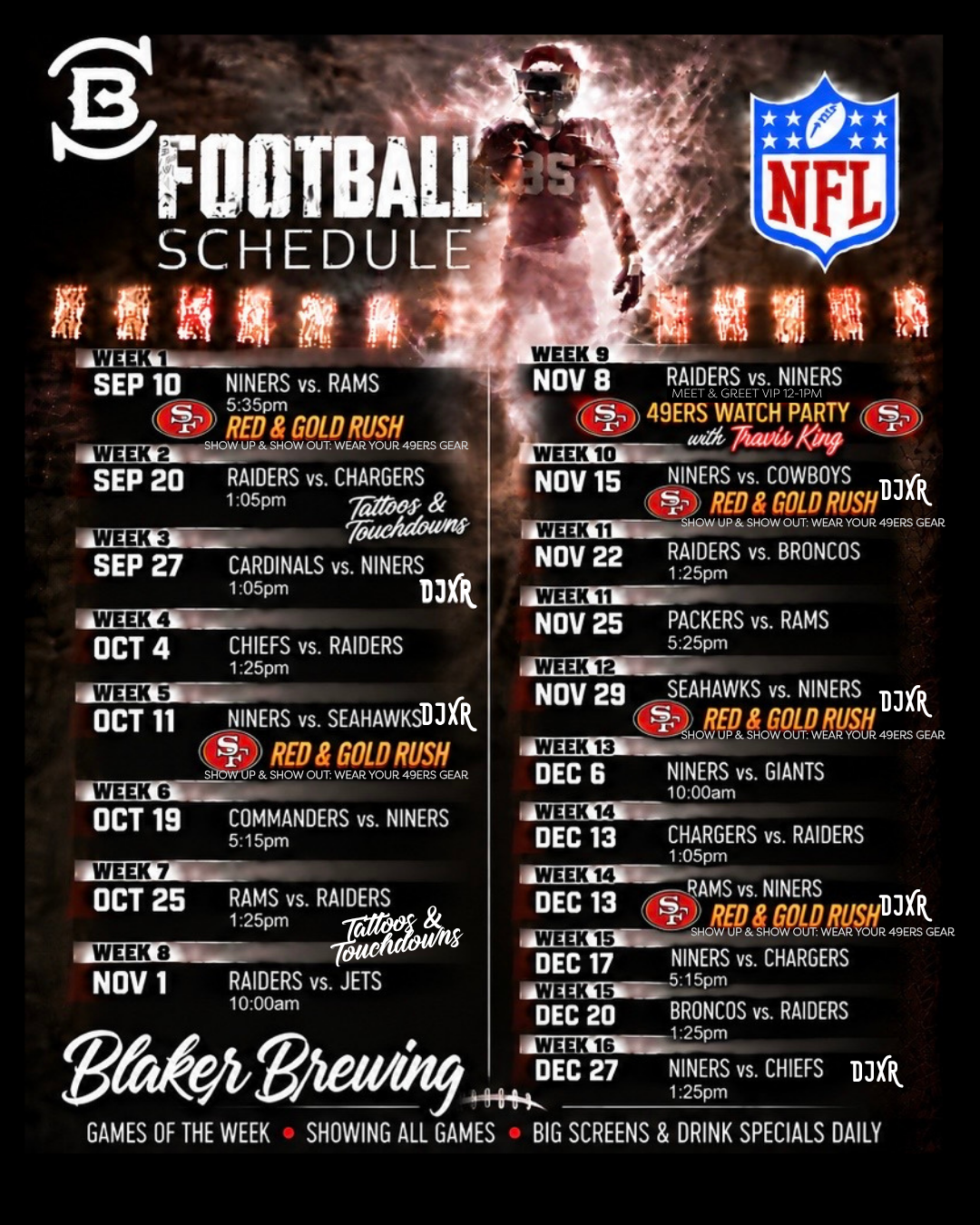 Blaker Brewing Ceres NFL schedule, September to December 2026 — games of the week on big screens with daily drink specials, including the 49ers Watch Party with Travis King on November 8 and Red & Gold Rush 49ers games.