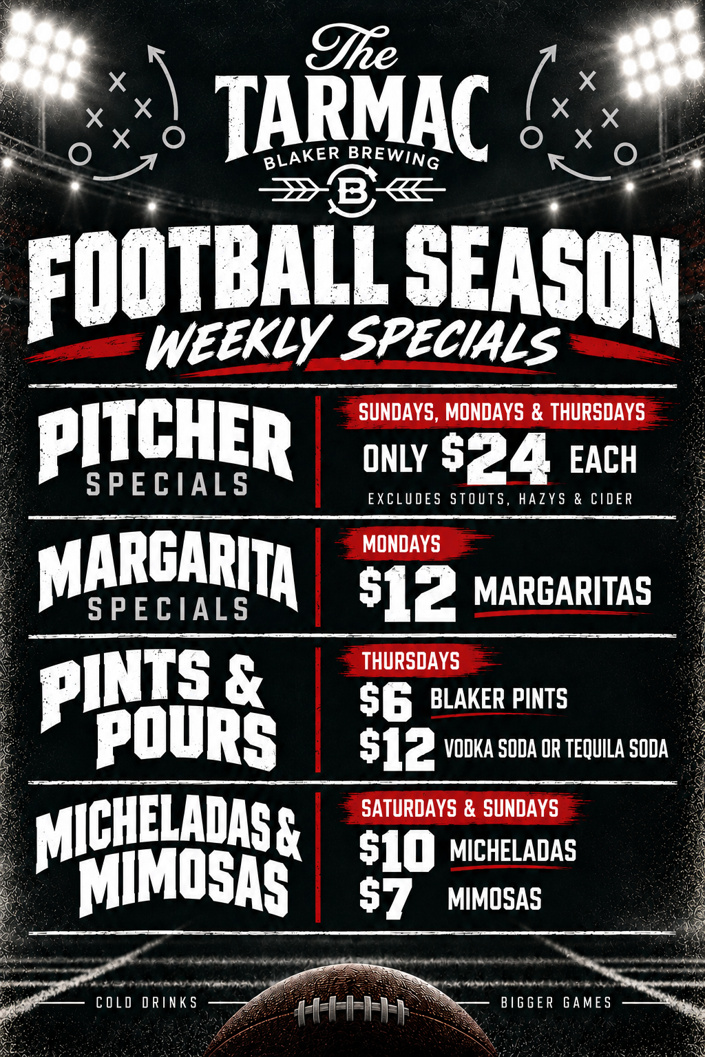 The Tarmac football season weekly specials — $24 pitchers Sundays, Mondays and Thursdays; margarita specials Mondays; $6 Blaker pints and $12 vodka or tequila sodas Thursdays; $10 micheladas and $7 mimosas Saturdays and Sundays.